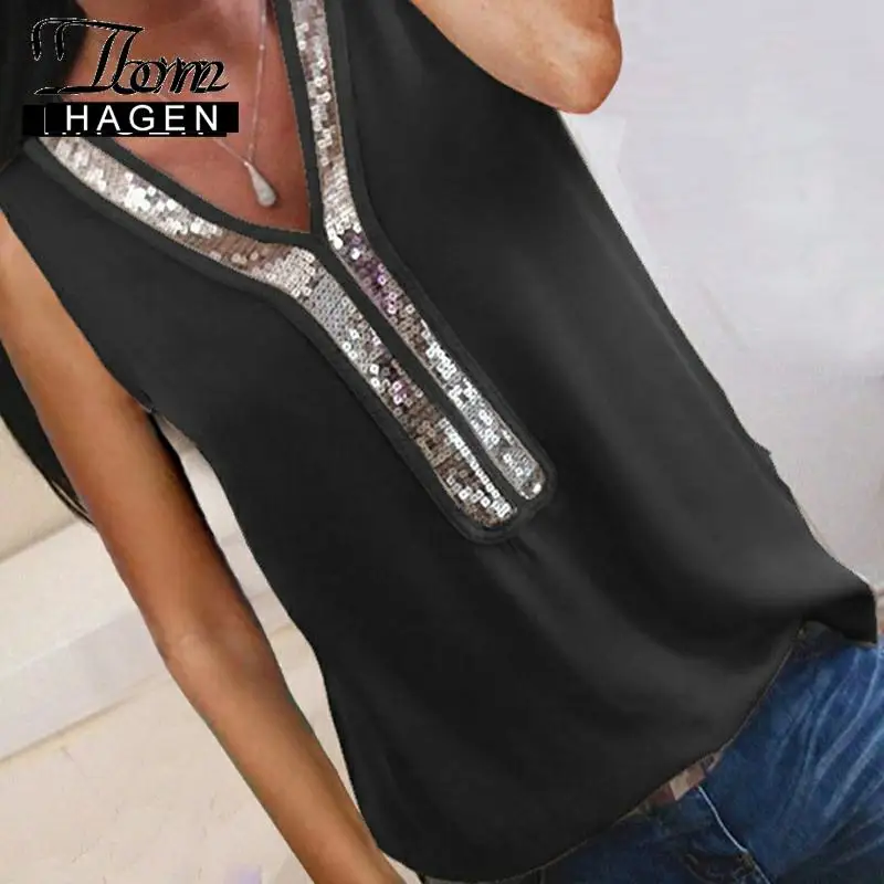 Женская шифоновая блузка с V образным вырезом блестками|Блузки| |