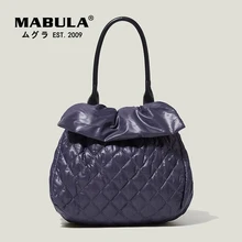 

MABULA Winter Quilted Tote Bucket Handbags Soft Feather Down Padded Ruched Shoulder Bag Elegent Shopper Purses