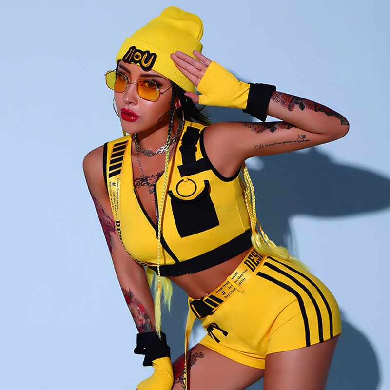 Yellow Cheerleader Uniform Hip Hop Clothes Female Jazz Dancewear Rave Outfit  Girl Sets Stage Costume Festival Clothing DL8204