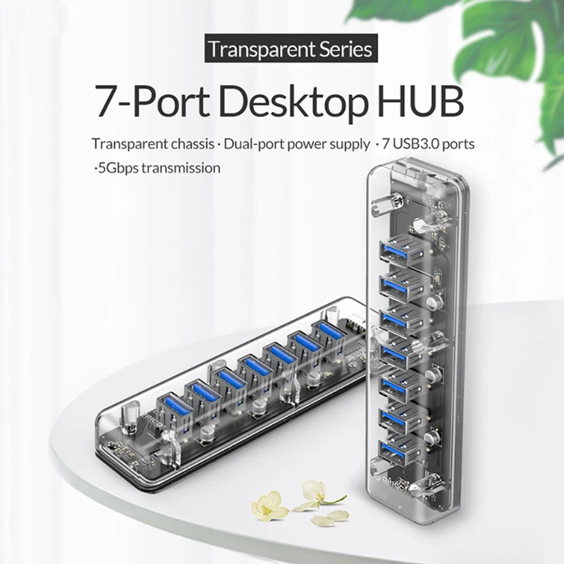Orico Прозрачный USB 3,0 концентратор с двойным портом питания 7 портов высокоскоростной портативный USB3.0 сплиттер OTG адаптер для настольного компьютера - Цвет: Белый