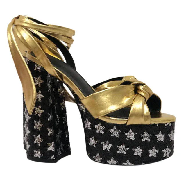 Women Chunky High Heels Lace-up Sandals Sexy Platform Round Toe Evening Party Shoe Ankle Strap Ball Summer Lady Sandals 1-D-SL-4 Multi-colors F