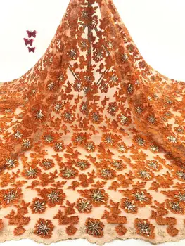 

3D Flower Applique African Lace Fabric With Beads Indian orange Wedding Material New Nigeria Applique Beaded Embroidered Lace
