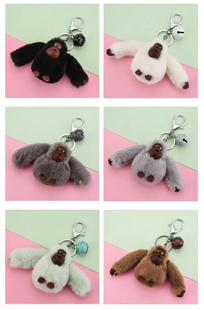 Fluffy Pompom Gorilla Keychain Cute Plush Doll Animal Key Chain Faux Fur Pom Pom Car Key Ring Trinket Bag Charms Pendant Jewelry