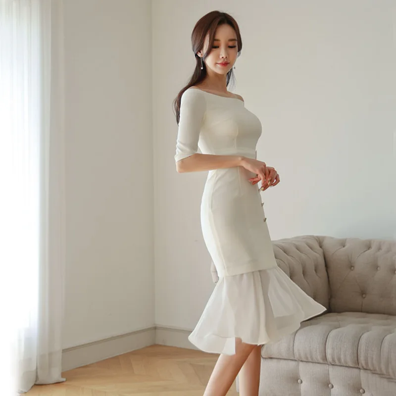 

2019 Spring And Summer Korean-style Fashion Debutante Elegant Waist Hugging Slimming off-Shoulder Dress White Base Skirt
