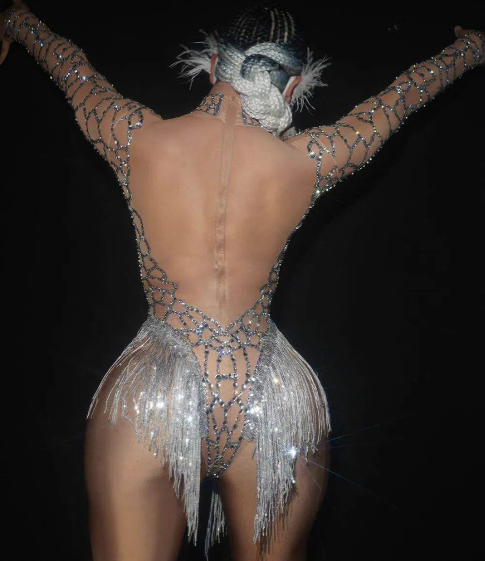 corset bodysuit Sparkly Silver Rhinestones Nude Mesh Transparent Fringe Bodysuit Luxurious Dance Costume Sexy Nightclub Bar DJ Singer Stage Wear plus size bodysuit