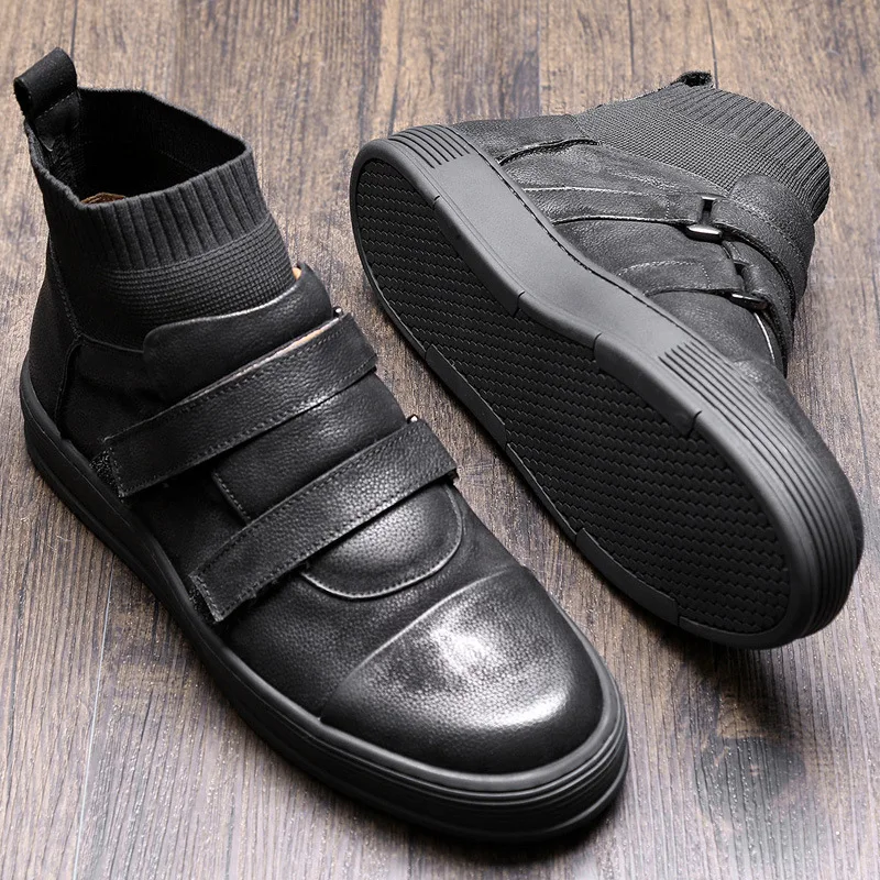 

Autumn High Shoes Men's Fashion wa zi xie Korean-style Mid-top Shoes Genuine Leather Black Martin Boots MEN'S Short Boots