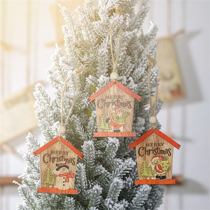 Xmas Christmas Wooden Small House Pendant New Year Coloured