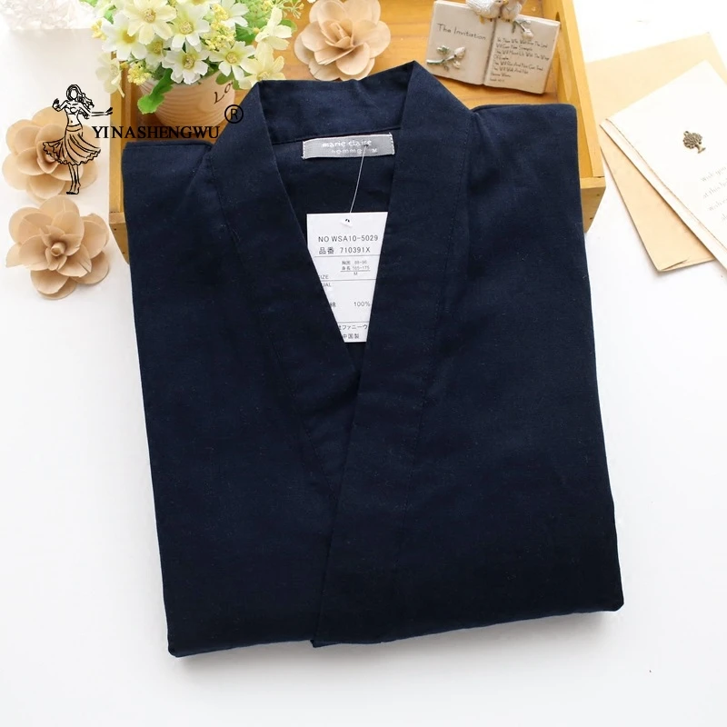 Japanese Men Kimono Cardigan Traditional Pajamas Set Cotton Simple Kimono Yukata Nightgown Bathrobe Casual Comfortable Homewear