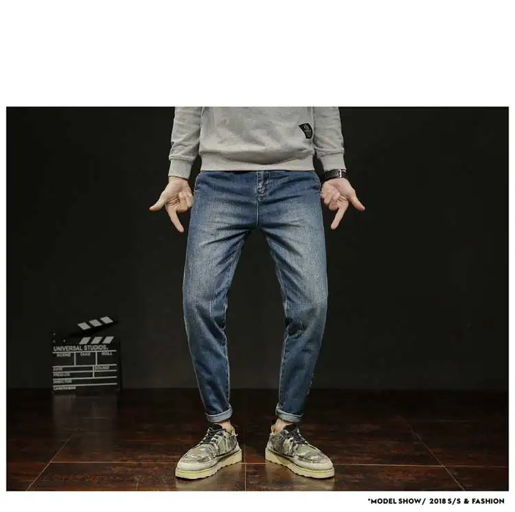 Большие размеры синие джинсы Осенние Новые мужские джинсы тонкие ноги мужские шаровары девять штанов Южная Корея хит цвет дикие мужские джинсы