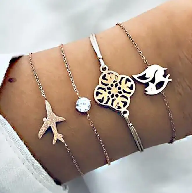 

Bohemian plane flower bird chain Bracelet with alloy pearl for Women gold chain link bracelets Charm Party Jewelry Accessories