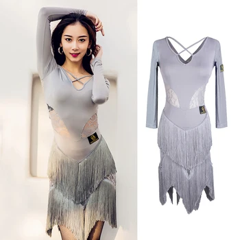 

Fashion Latin Dance Fringe Dress Women Tango Cha Cha Samba Rumba Salsa Ballroom Practice Wear Gray Performance Clothes DC4423