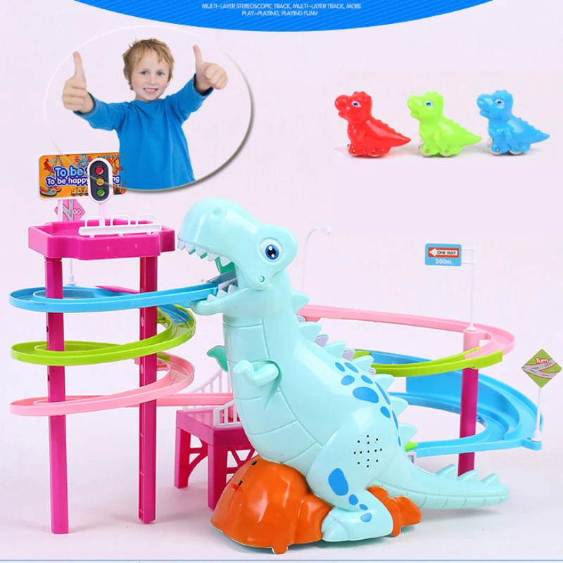 

Brand New Electric Slide Railcar Track toy 3-6 Years Old Dinosaur Climb Stairs Music Light Play Interactive Educational Toys