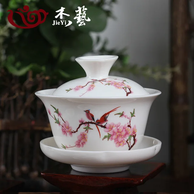 Фарфоровая чайная чашка Gaiwan с птичьим цветком персика китайская церемония белый
