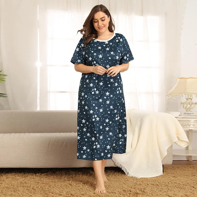 

Summer Loose Large Size Nightgowns for Women Long Section Ms Nightwear Nightdress Cotton and Short Sleeve Sleepshirt XL -4XL