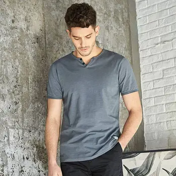 

2020 Brand new mens t-shirt short sleeved t-shirt v collar two button buttons solid colored t shirt for male tops