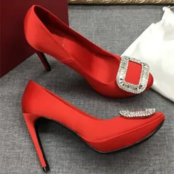 

Crystal Platform Pumps Woman Spring High Heels Red Silk Wedding Slip on High-heeled Shoes Women Rhinestone Square Buckle Pumps