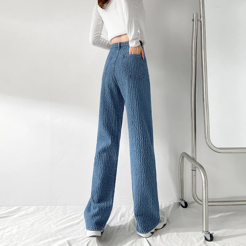 wide leg jeans Jacquard Blue Women Pants 2021 New Casual Striped Retro Basic Straight Loose Plus Size Jeans Y2K Fashion Trendy Ladies Trousers cargo jeans