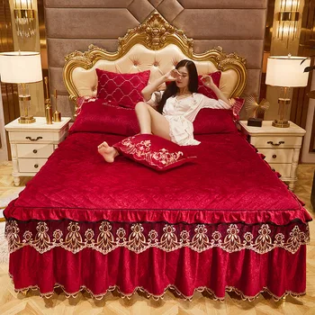 

Luxury Crystal Velvet Lace Embossed Bed Skirt Queen Double Bedspread King Bed Cover Fitted Sheet Anti-Slip Pillow Case Winter