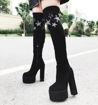 

Over-the-Knee Long Boots Fashion Square Heel High Tube Boots Sexy Stovepipe Boots Autumn Winter New 14 Cm High Heel Womens Boots