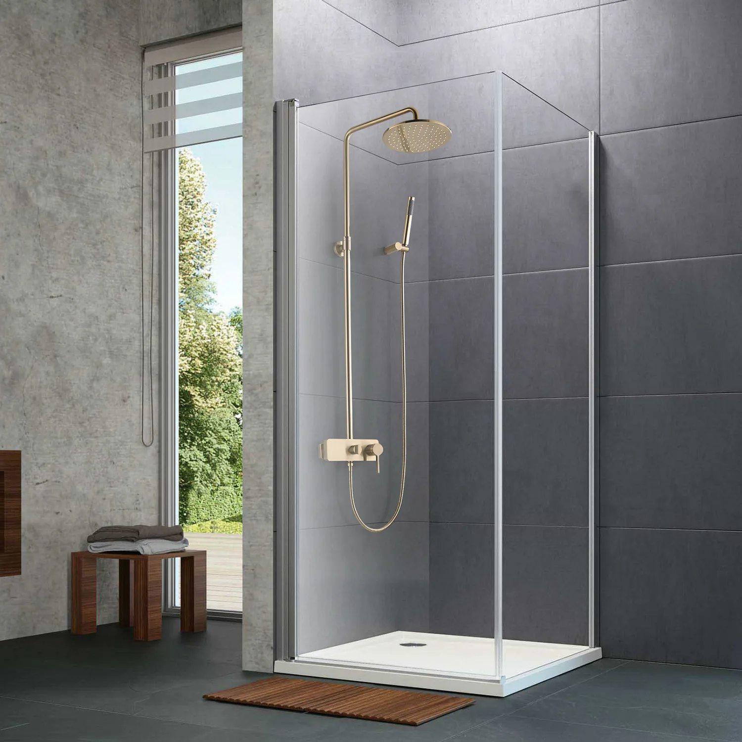 US $348.99 HM Shower Shower Head Bathroom Fashion Simple Golden Exposed Shower Set Brushed Gold Surface Multifunctional