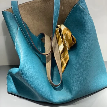 

Double-Sided Leather Tote Shopping Bag Female Sky Blue With Gray Soft Leather Large-Capacity High-Quality First Layer Cowhide