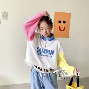 

Children's 2020 spring new girls' Pullover zipper shirt letter high collar sweater thin coat