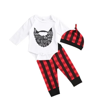 

0-18M Baby Outfits 3 Pcs Set Fashion Casual Letter Print Long Sleeve Jumpsuit + Red Plaid Trousers + Hat Baby Boys Outfits