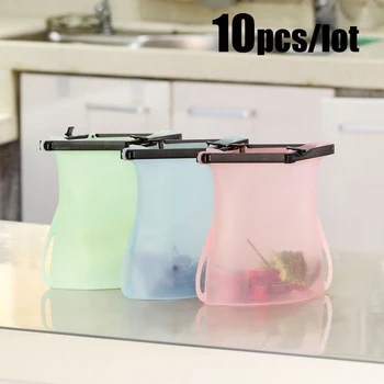 

10Pcs/lot Silicone Food Storage Container Leakproof Containers Reusable Stand Up Lock catch Bags Fresh Bag For Food Home Kitchen