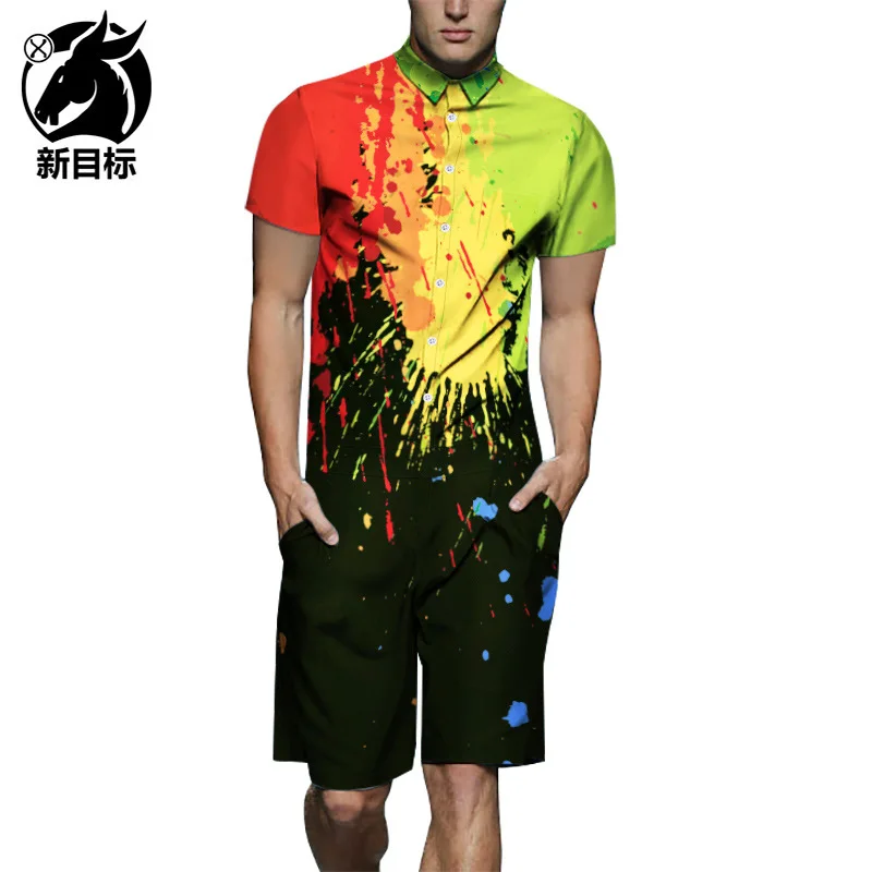 

Amazon One-piece 2019 Summer Splash-Ink Printed Short Sleeve Onesie Workwear Casual Shirt New Style Set Men's