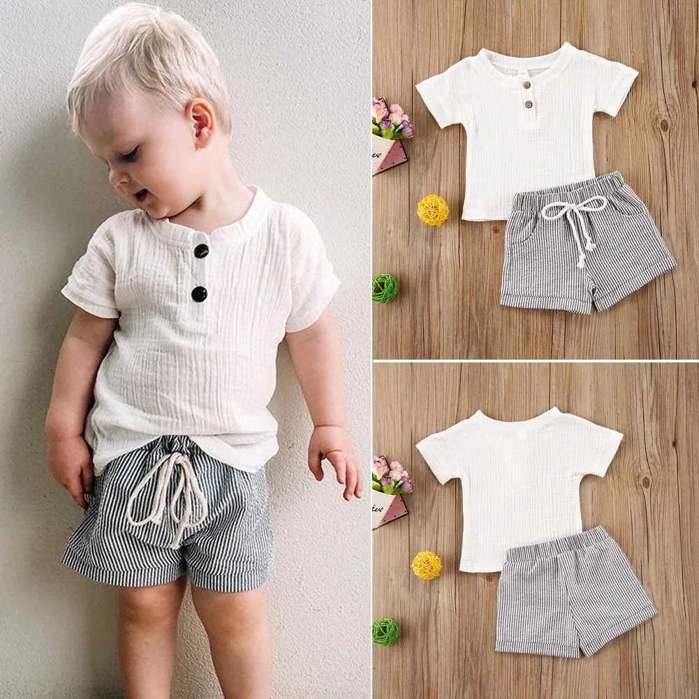 

Dropshipping 2Pcs Clothes Set Boys Summer Baby Boys Girls Cotton Linen Button T-shirts Tops+Striped Shorts Pants Outfits