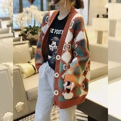 2020 autumn and winter new retro lazy wind loose thin mid-length contrast color plaid sweater jacket women |