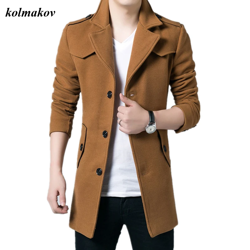 

KOLMAKOV New Arrival Style Men Boutique Woolen Coat Fahion Casual Solid Slim Epaulet Trench Woolen Ovarcoat Cotton Coat M-3XL