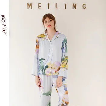 

Autumn Women's Stain Pajamas Sets blue Ocean Floral Print Button Long Sleeve Pants Soft Cozy Sleepwear Homewear pijama mujer
