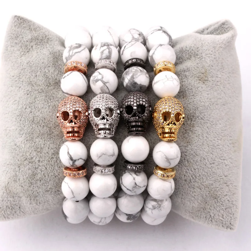 New Fashion Natural Stone Beads Women Jewelry Bracelet Large CZ Pave Skull Charm Beaded Elastic Bracelet Bangle Women Lady