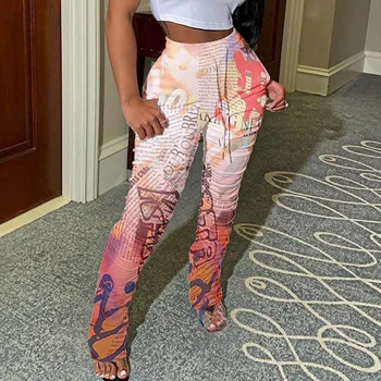 

High Waist Print Stacked Sweatpants Women Elastic Sexy Legging 2020 Bottoms Trouser Fitness Ruched Pants Outfits