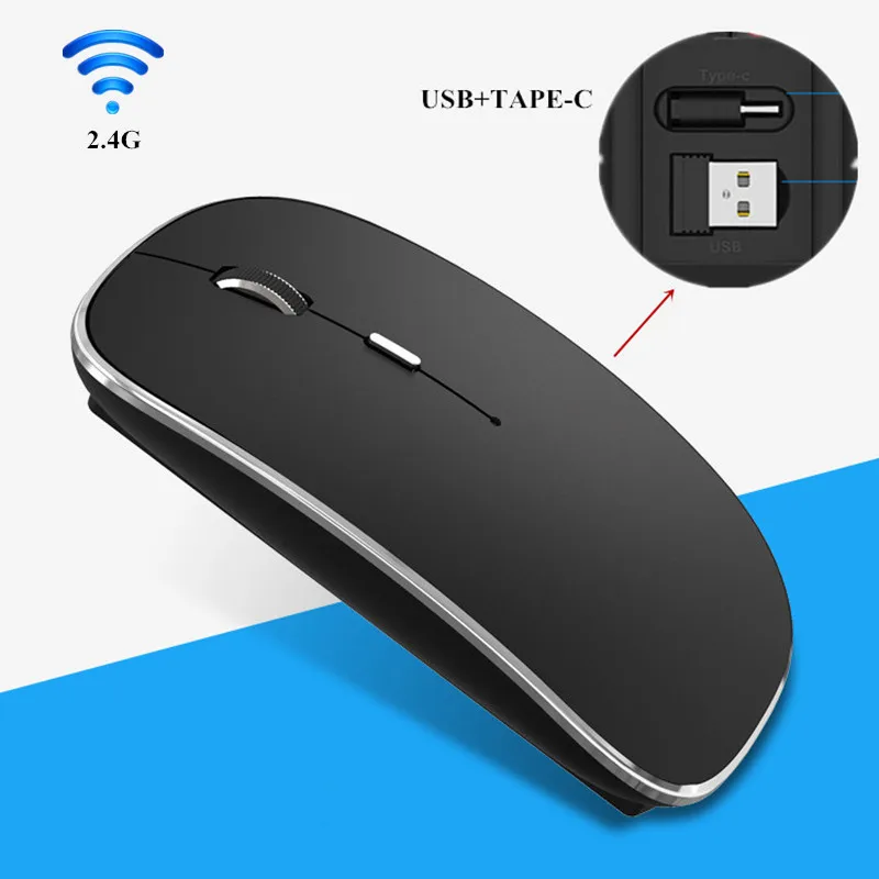 Bajo costo 2,4G inalámbrico ratón PC silenciosa Mause recargable ergonómico ratón USB + cinta-C Dual receptor los ratones ópticos para PC portátil QMrXeRBMZXr