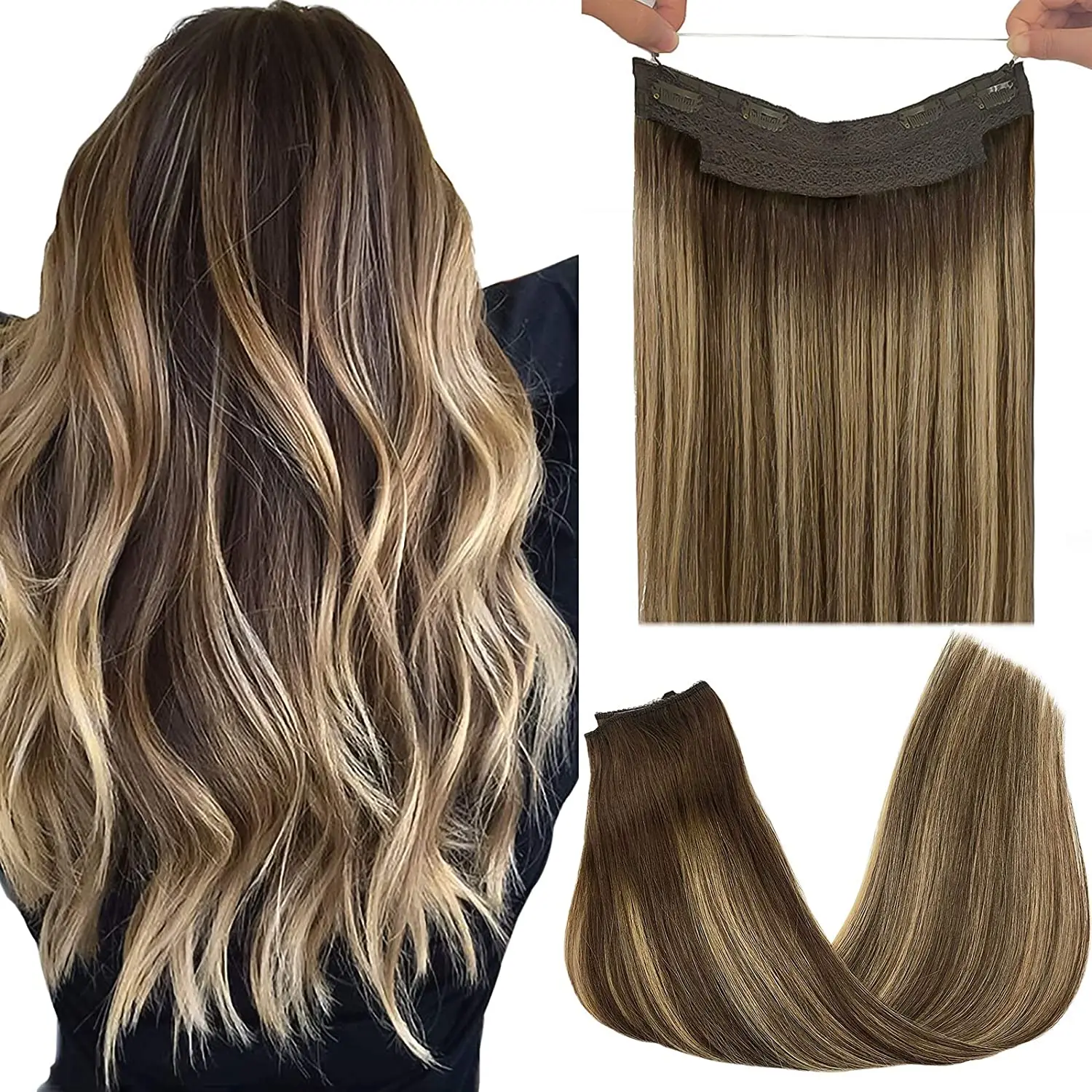 Extensión de cabello humano liso con línea de pescado, extensiones de cabello con Halo, alambre oculto Invisible, cabello Remy Rubio degradado dorado