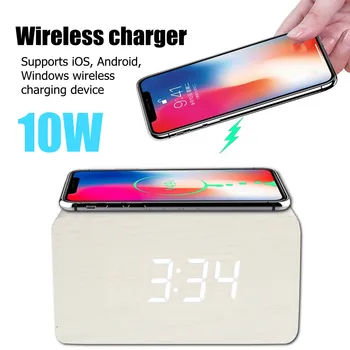 

Electric LED alarm clock with phone wireless charger Desktop digital thermometer HD mirror clock for Christmas gift