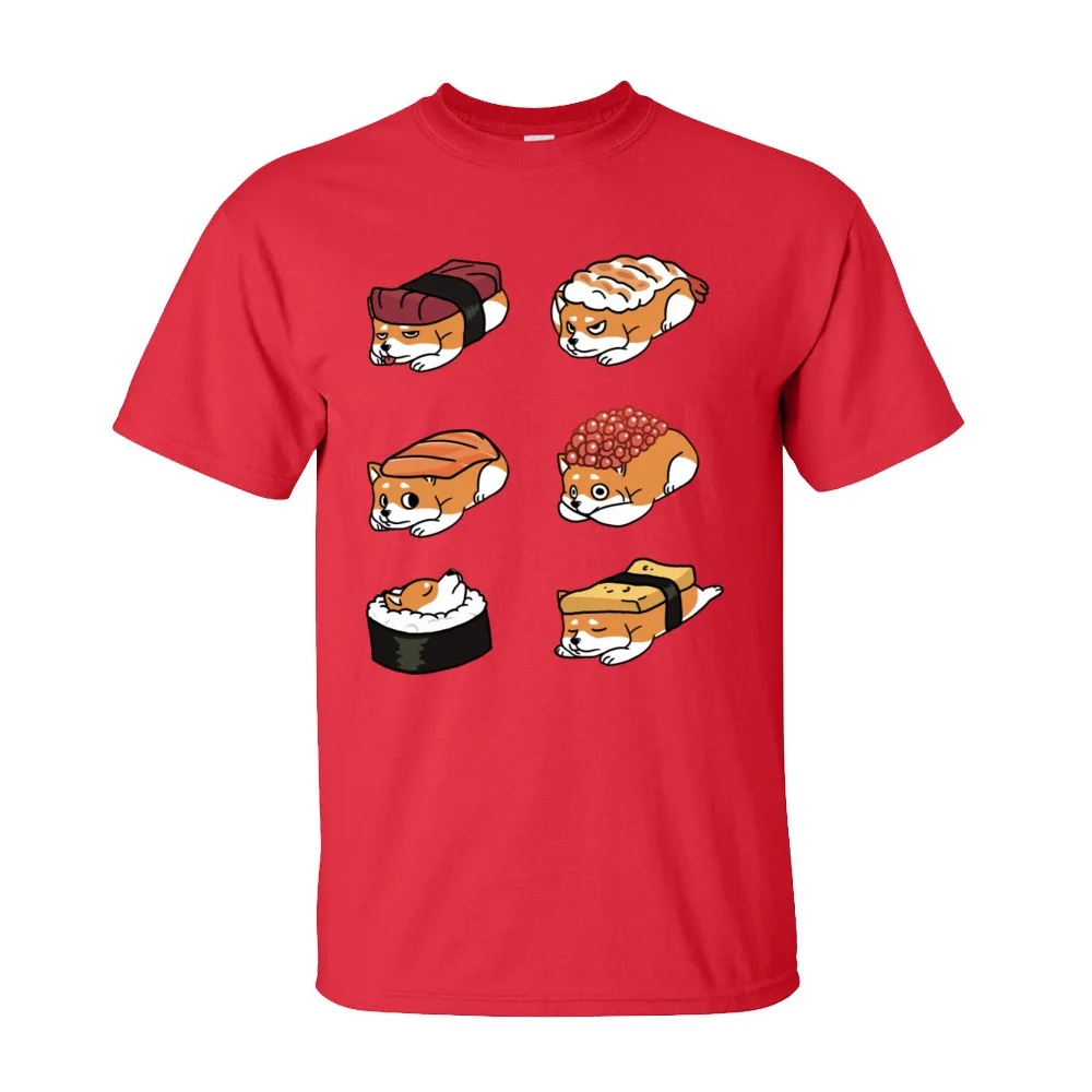 Hip Hop Shiba Inu Sushi Nigiri Short Sleeve T Shirts April FOOL DAY Round Collar 100% Cotton Tees for Boys T Shirt Fashionable Shiba Inu Sushi Nigiri-195 red