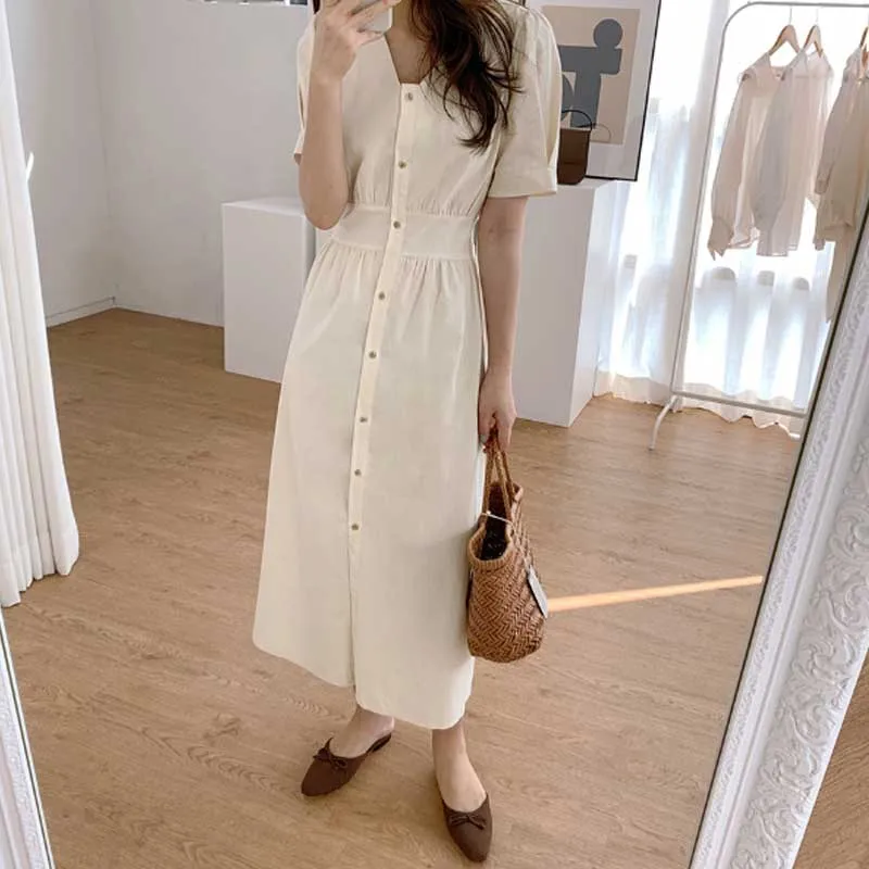 2020 Dress Women French Vintage V-Neck Single-Breasted Waist Dress Korean Elegant Party Plus Size Cotton Linen Dress Vestidos