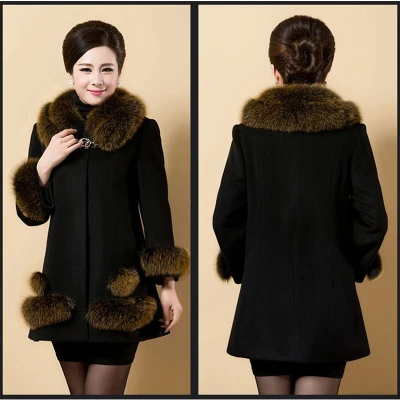 black 6XL Женское шерстяное пальто среднего возраста зимнее пальто больших размеров для мамы длинное пальто с меховым воротником зимняя куртка для женской одежды f1881 - Цвет: black