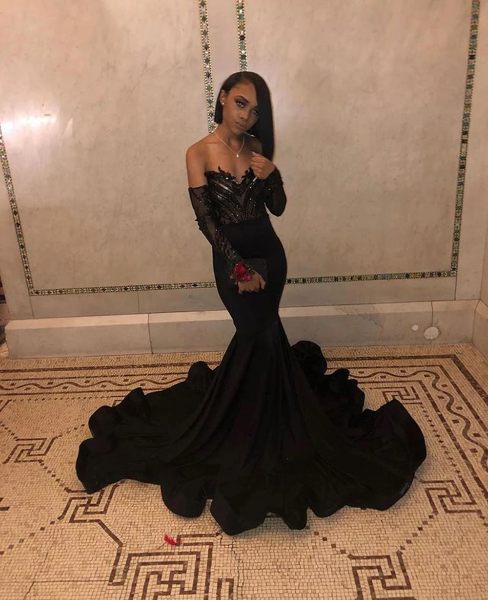 prom gowns Long Sleeve Off The Shoulder Sexy Mermaid Stretch Black African Girl Long Prom Dresses 2022 short formal dresses