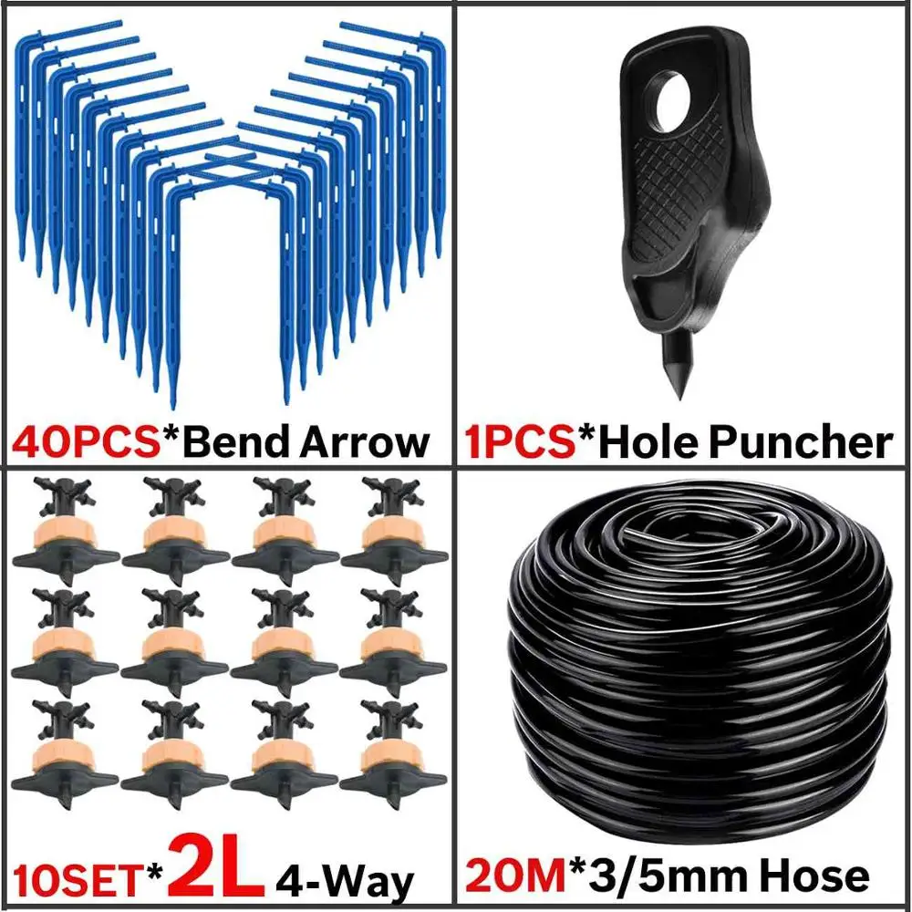 Парниковый капельный ороситель 4-полосная 3/5 мм капельная стрелка 2-полосная передатчик полива Системы горшечные растения Цветок, 10 шт./набор, 20 комплект - Цвет: KSL01-KIT029-2L