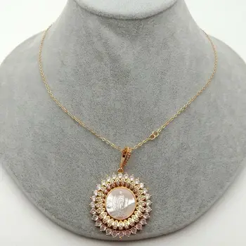 

White mother Of pearl Virgin Mary Pendant Cz pave Necklace