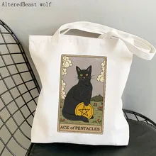 

Women Shopper bag cat Ace of Pentacles Tarot Kawaii Bag Harajuku Shopping Canvas Shopper Bag girl handbag Tote Shoulder Lady Ba