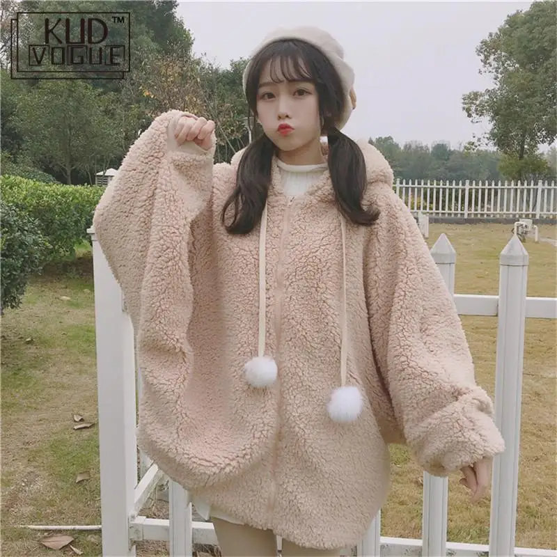  Harajuku Lolita Sweet Hooded Girls Coat Women Winter Warm Batwing Sleeve Hoodie Jacket Kawaii Costu