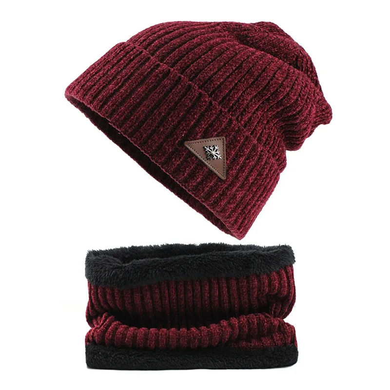 [FLB] Skullies Beanies, зимние шапки для мужчин, шарф, вязаная шапка для женщин и мужчин, теплая мягкая Балаклава для шеи, шапка F18088 - Цвет: Red Set