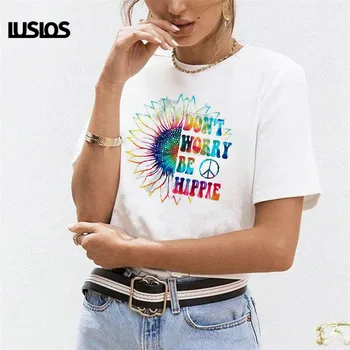 

LUSLOS don't worry be hippie funny female t shirt plus size sunflower print women t shirts summer short sleeve white t-shirts