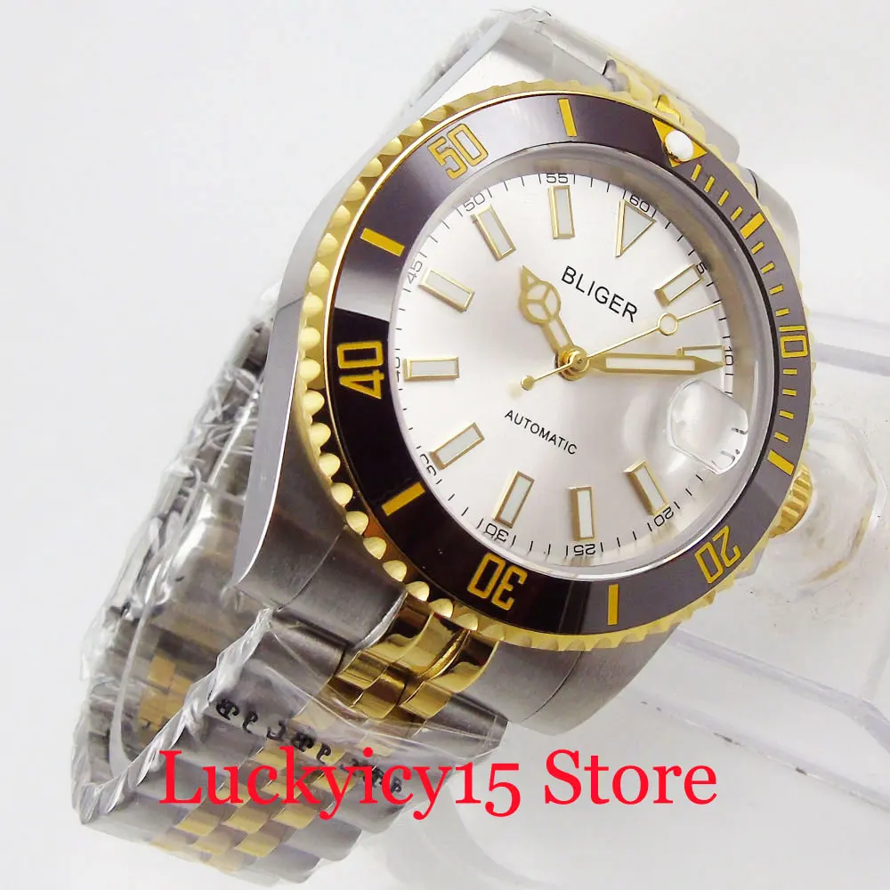

BLIGER Men Watch Sapphire Glass Self Winding Movement MIYOTA Gold Coated Bezel Jubilee Band