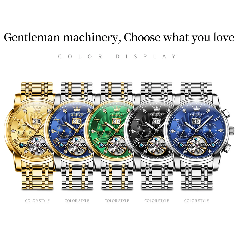 OLEVS Mens Watch Automatic Mechanical Tourbillon Slef-Wind Luxury Stainless Steel Waterproof Luminous Date Wrist Watch